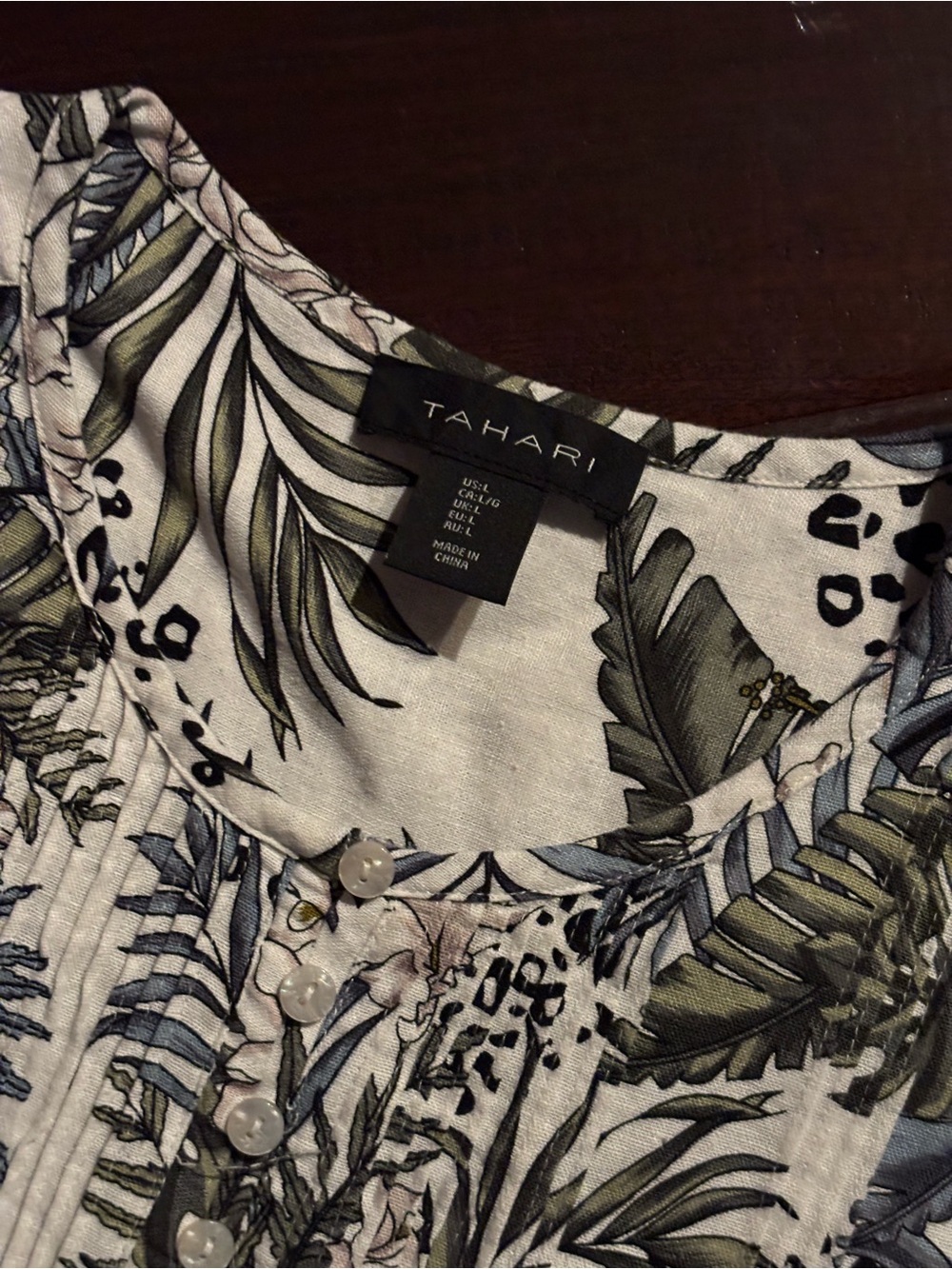 Tahari Linen Blend Dress Tropical Leopard Print Pintuck Shift Womens Size Large - Picture 6 of 7